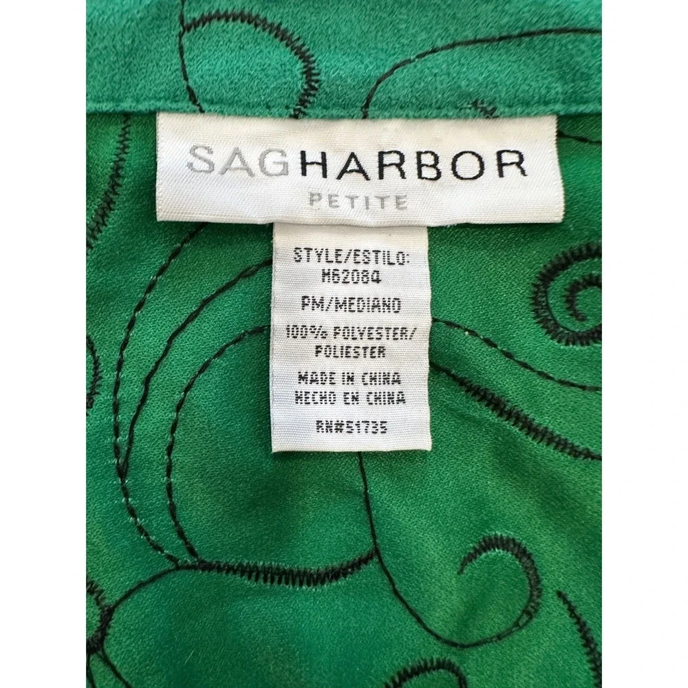 Sag Harbor Green Embroidered Swirl Button Down Sueded Shirt Sz Petite Medium Top